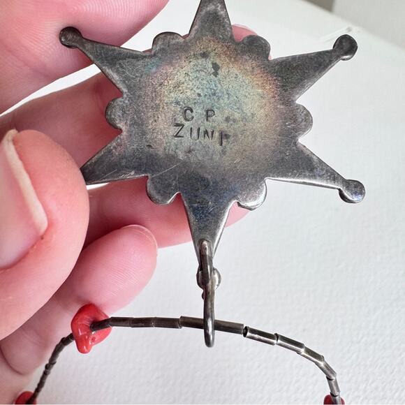 Native American Marked CP Zuni Silver Coral Star Pendant  Native American Marked CP Zuni Silver Coral Star Pendant Necklace Barrel Clasp